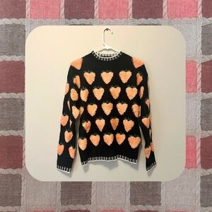 navy blue fruit knit sweater with pink fluffy peaches 🍑